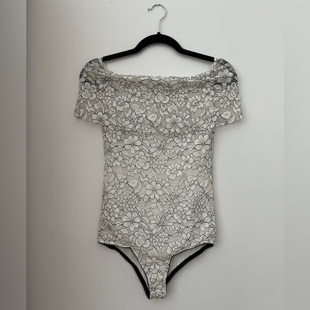 Anthropologie Black and White Floral Lace Bodysuit